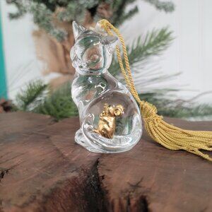 Gorham Crystal "Cat's Best Friend" Christmas Ornament w/ Gold Colored Mouse